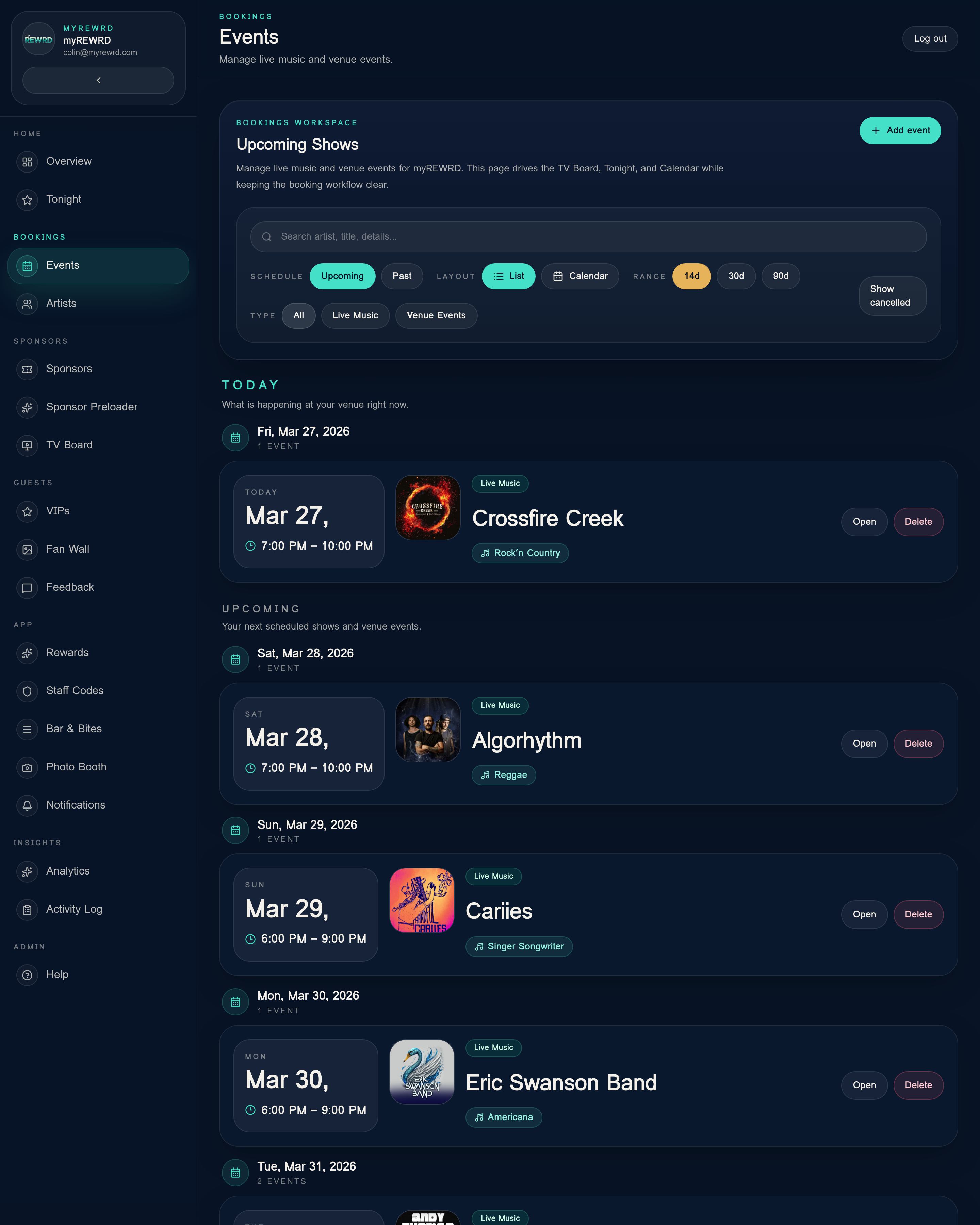 myREWRD events list showing all upcoming scheduled shows