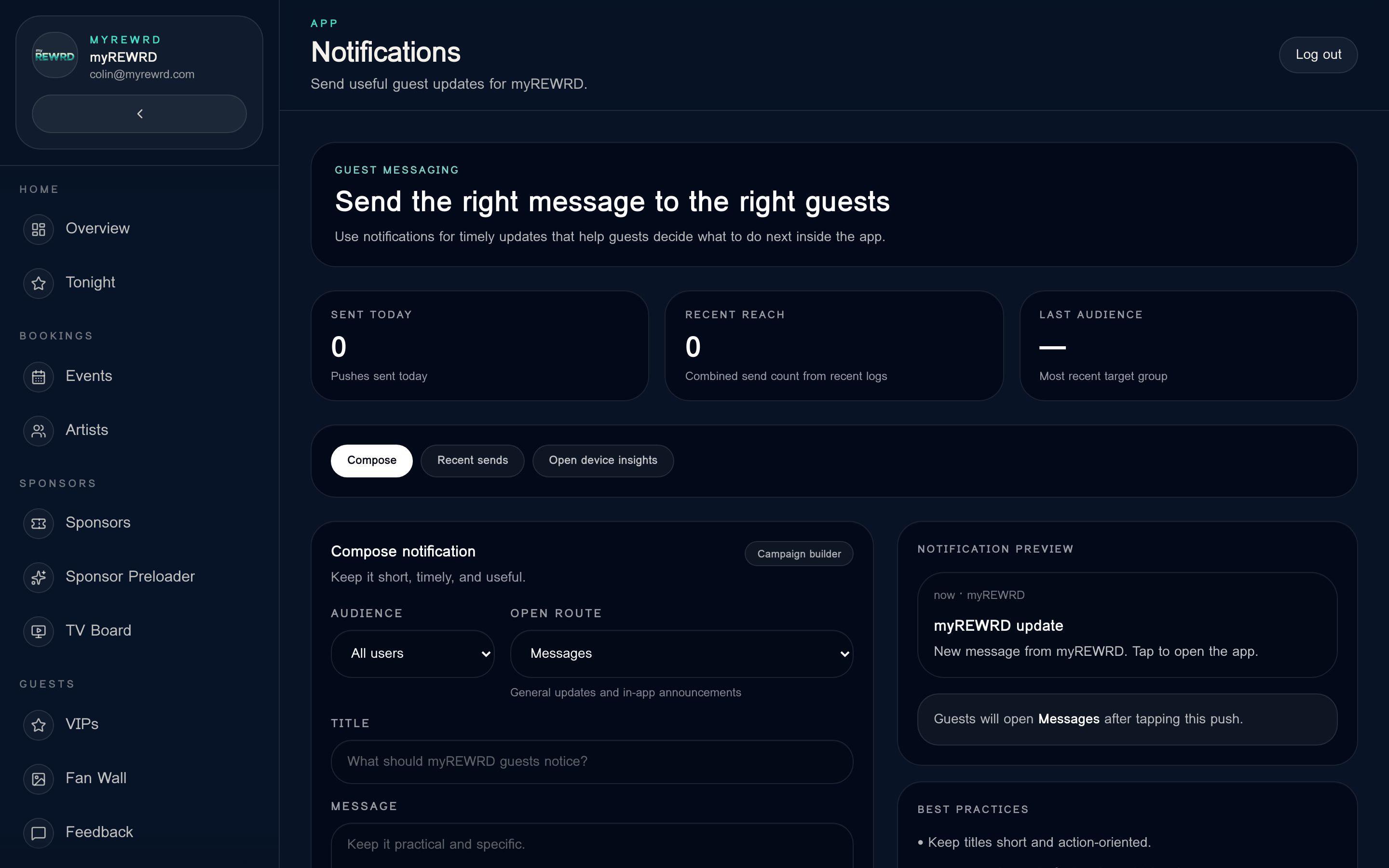 myREWRD push notification composer for reaching guests directly