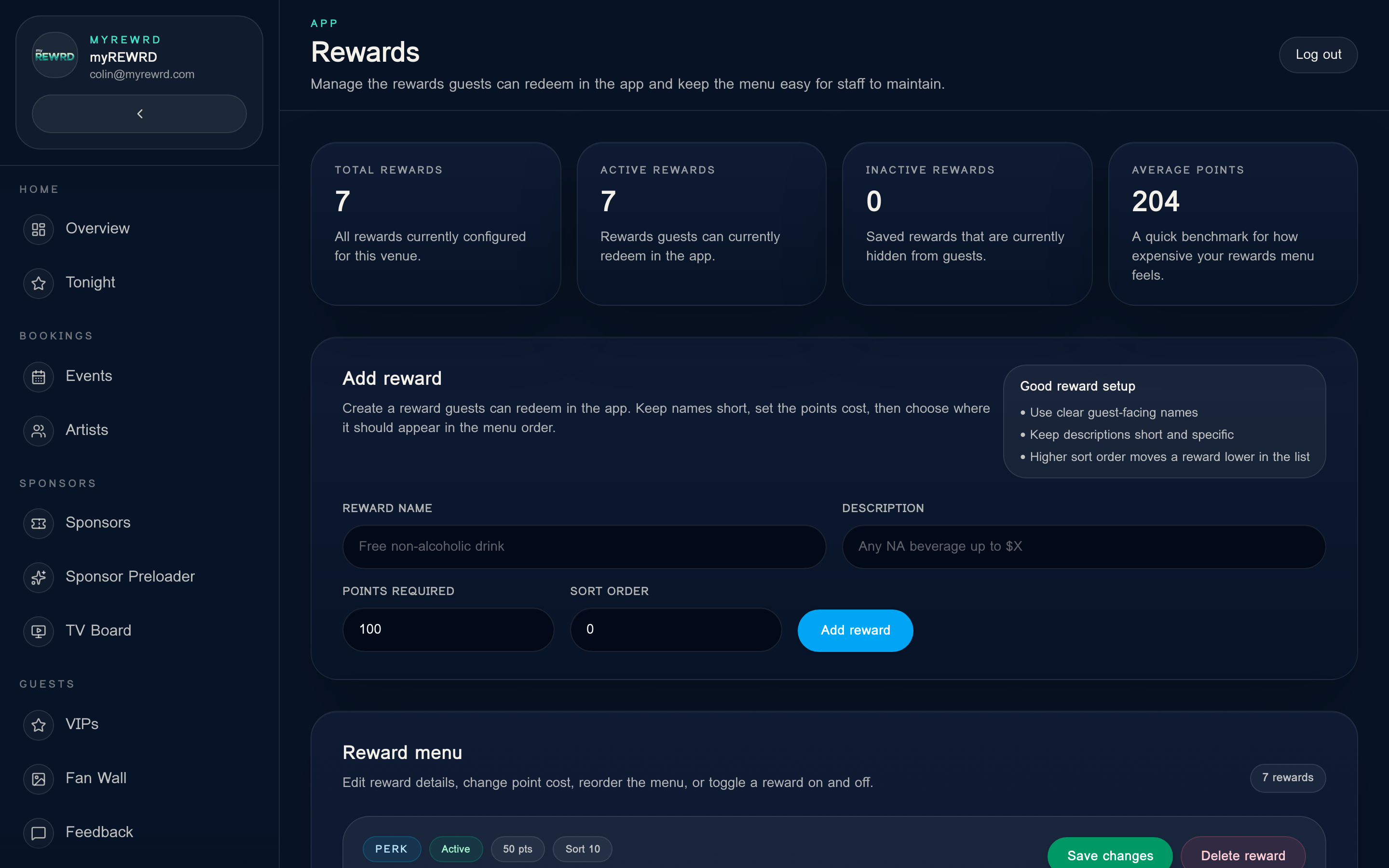myREWRD rewards program management showing guest reward tiers