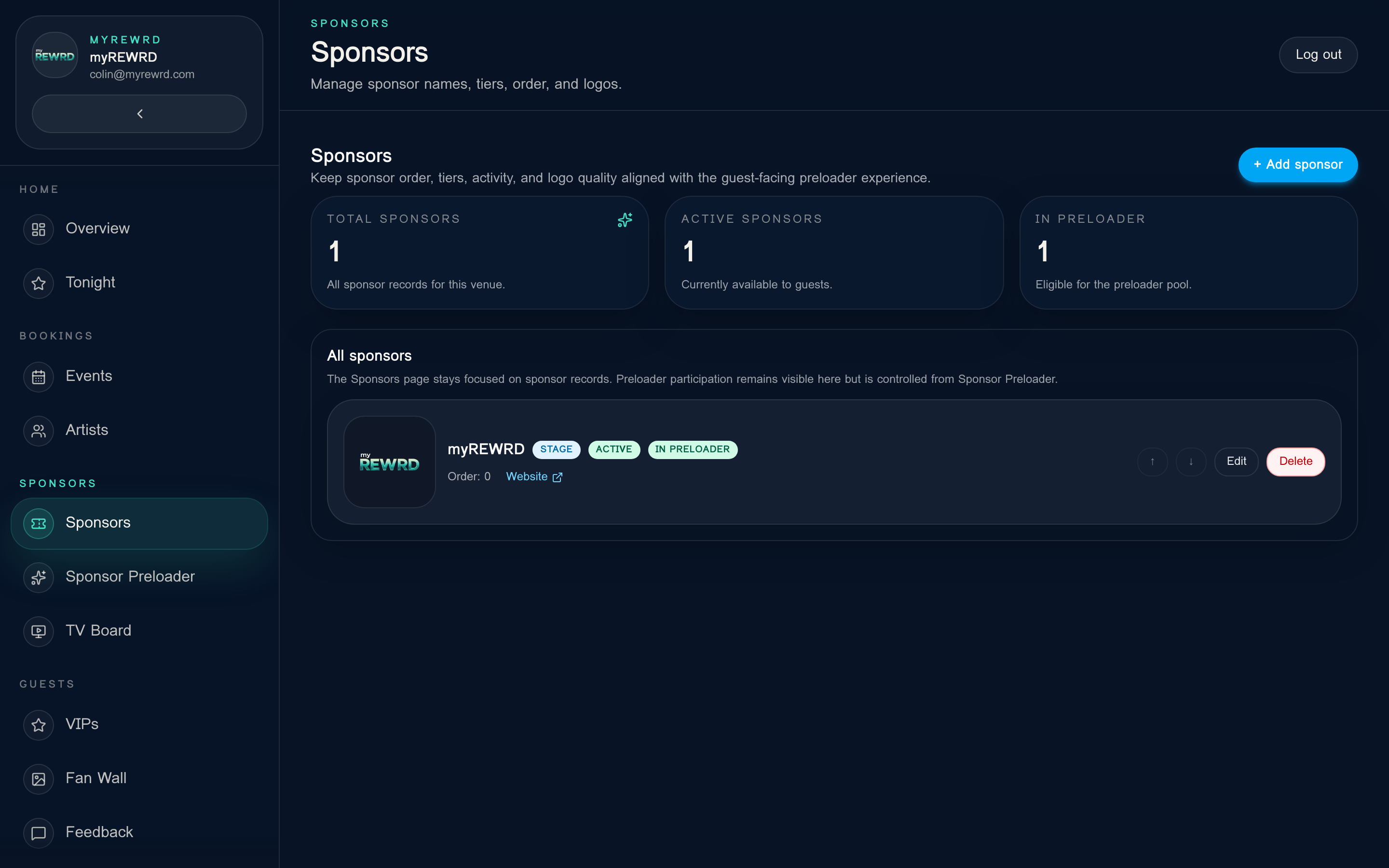 myREWRD sponsor management dashboard