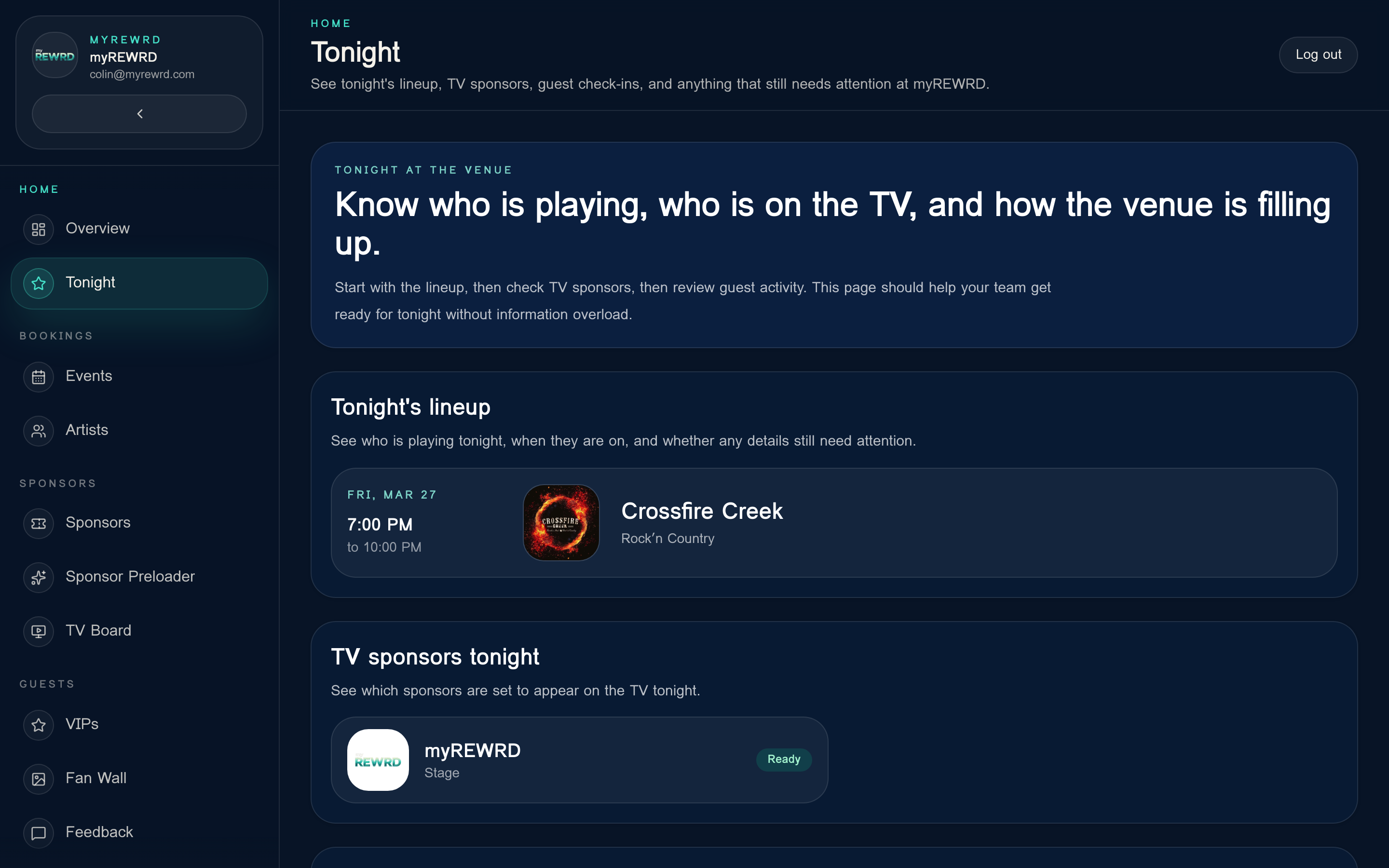 myREWRD Tonight screen showing live event details and check-in status